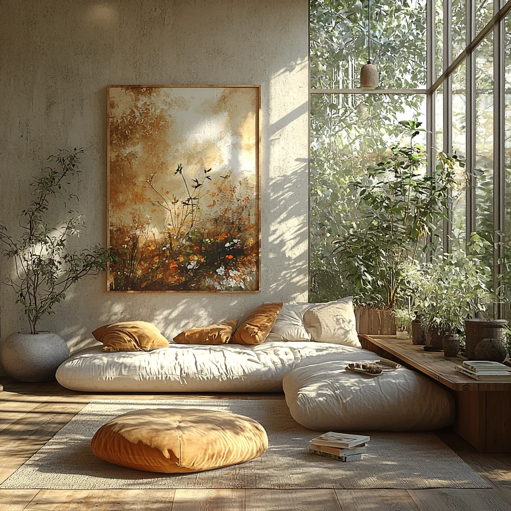 Sala contemporânea banhada por luz natural, vegetação e arte