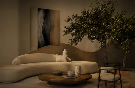 Ambiente residencial contemporâneo com luz natural, materiais táteis e arte